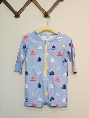 Rugged Butts Light Blue Sailboat Zip Rash Guard Romper - Yellow Zip